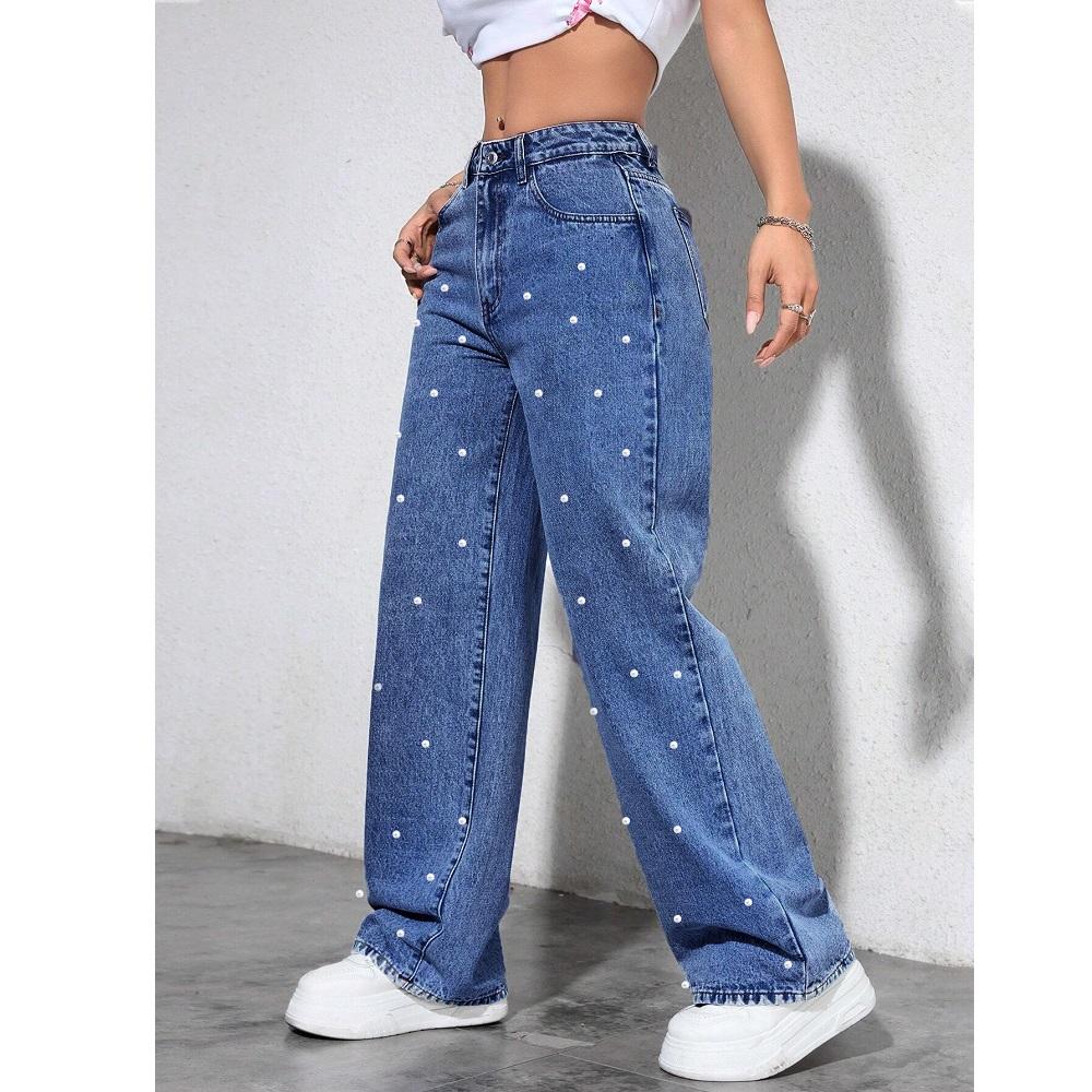 Damen High Waist Jeans Damen Mode Perlen Straight Hosen