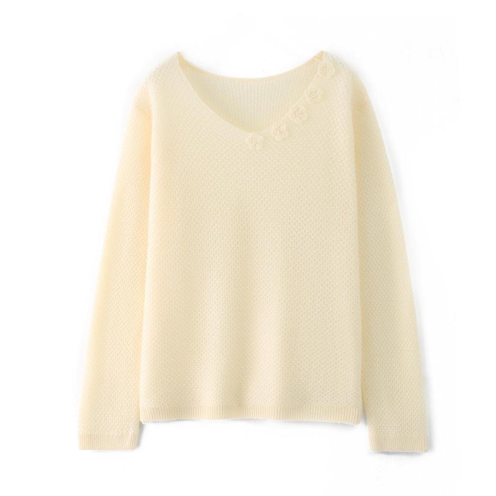 Women's 3D Honeycomb Stitch V-Neck Wool Sweater, Long Sleeve Loose Crochet Knitwear