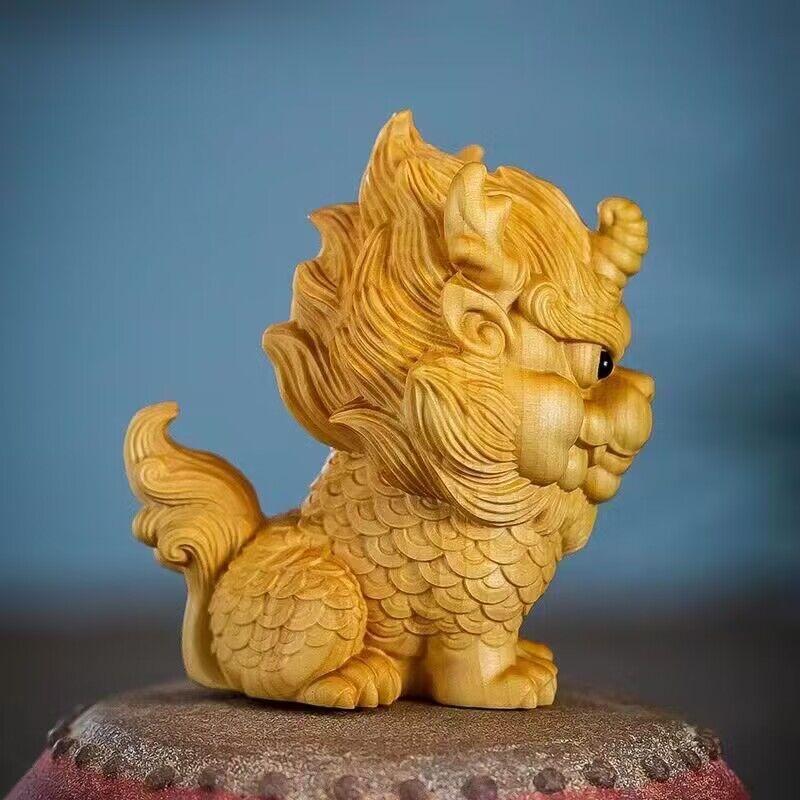 Wooden -Auspicious Kirin Small statue Solid wood carving China's fortune-making, evil-repelling God Beast Home Room art statue