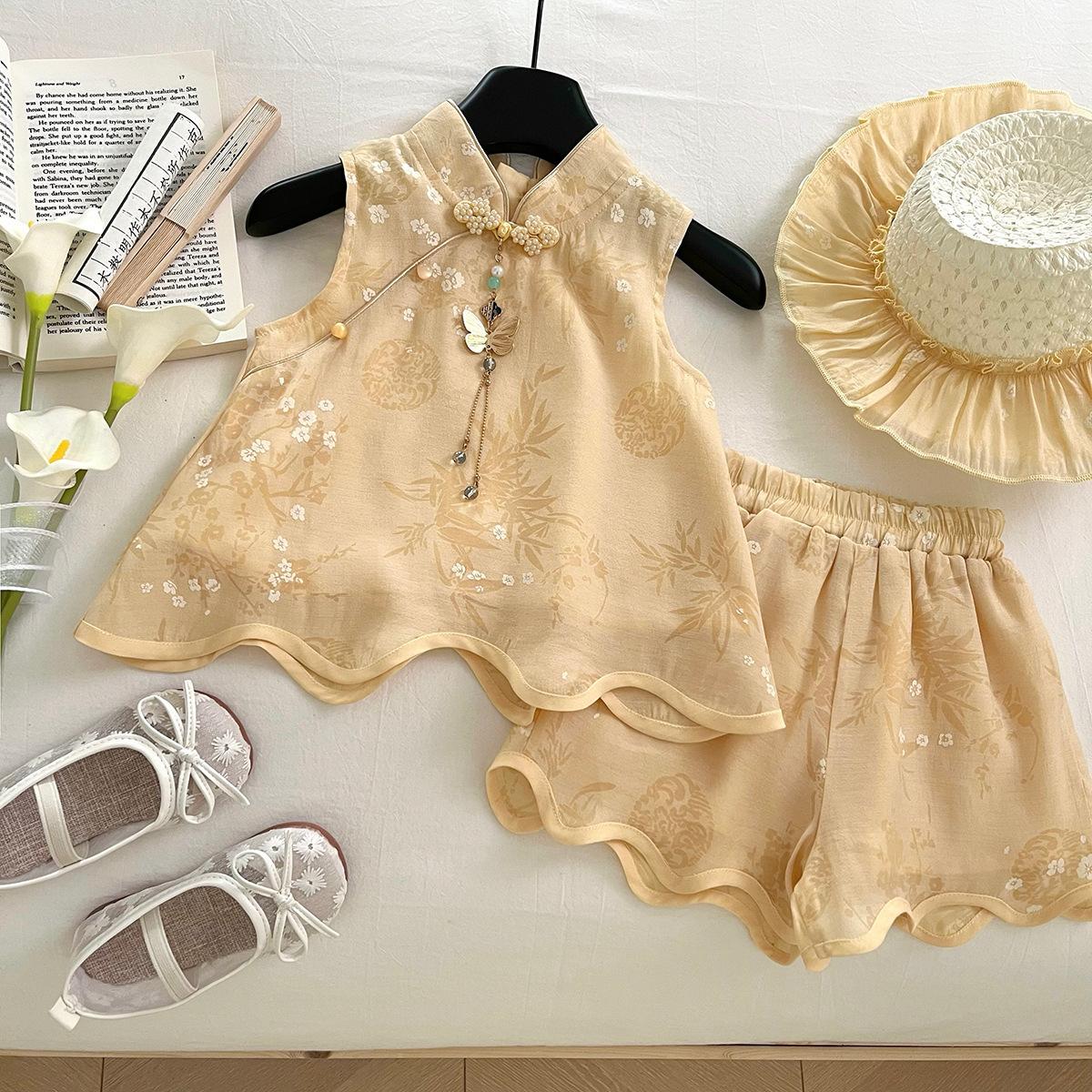 Girls Summer Chinese Embroidered Sleeveless Hanfu Top And Shorts Set Baby Fashionable Two Piece Outfit 80cm