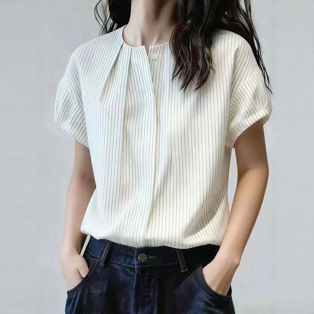 French Striped Short-sleeved Shirt Women's 1116 Summer New Foreign Style Age Reduction Loose and Thin Design Pleated Top