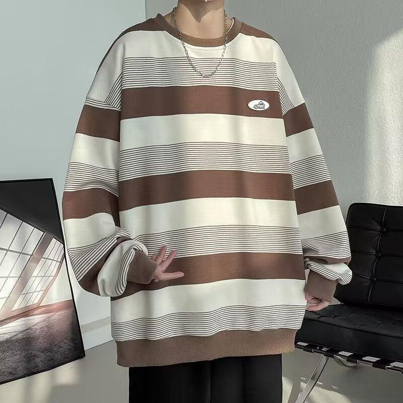 Crew Neck Sweater Men's Spring and Autumn Japanese Retro Lazy Style Striped Long-sleeved Top Teen Loose Casual Coat