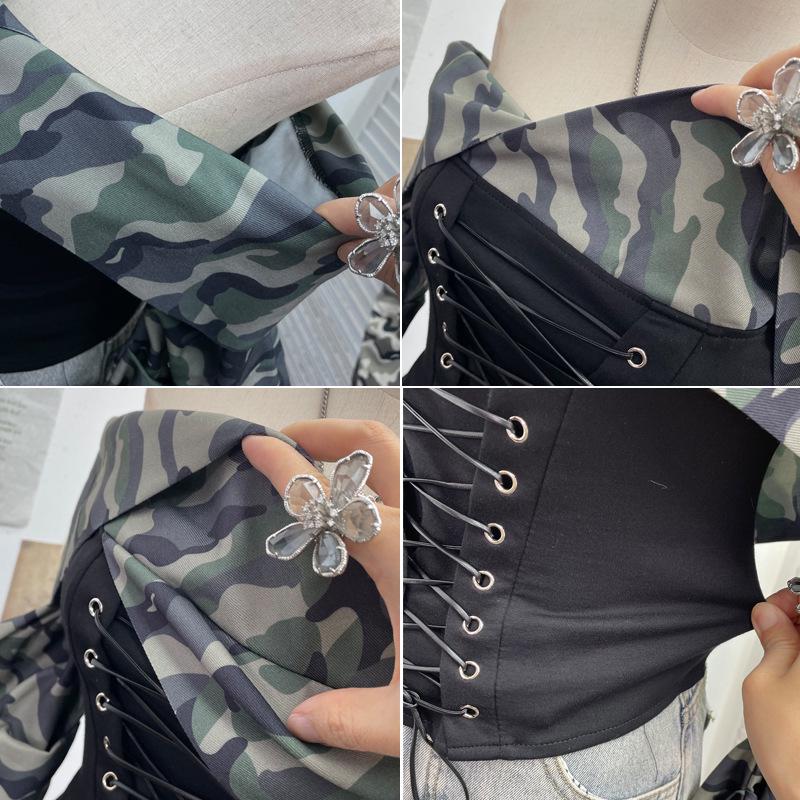 American Retro Camouflage Lace-up Pleated Shirt