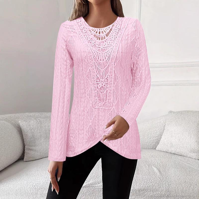 Elegant Lace Hollow Irregular Hem Women's Long Sleeve Top, 2025 Collection