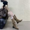 2025 Autumn and Winter Western Skinny Long Knight Boots Khaki High Heel Suede Pile Medium Boots Women's Boots