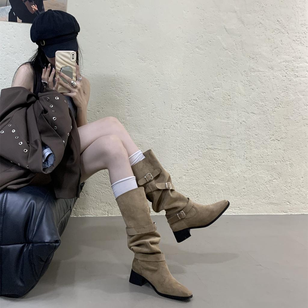 2025 Autumn and Winter Western Skinny Long Knight Boots Khaki High Heel Suede Pile Medium Boots Women's Boots
