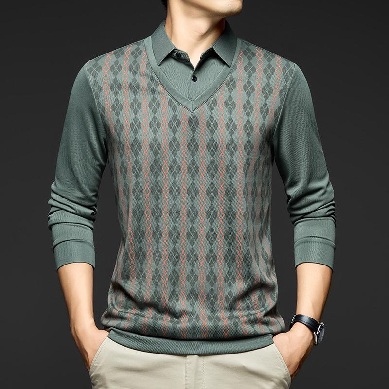 Men's Long Sleeve Rhombus Print Lapel T-shirt - Fake Two-Piece Casual Top
