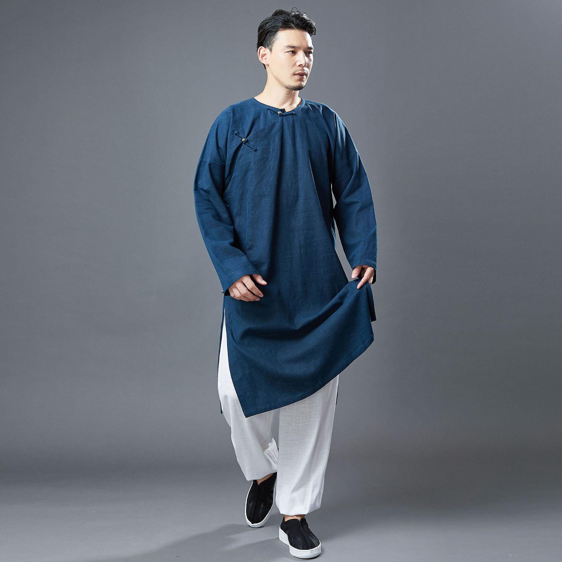 

Men s Mid-Length Hanfu Robe: Autumn Edition, Round Neck, Diagonal Placket, Solid Color, Ramie Fabric, Long Sleeve, Chinese Style Extra Large темно-синього кольору