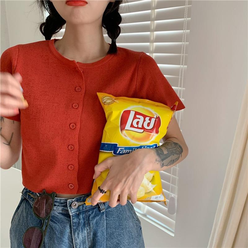 Summer Round Neck Solid Casual Fashion Tank Top Women Short Sleeve All-match Knitting Cardigan T-shirt Tee