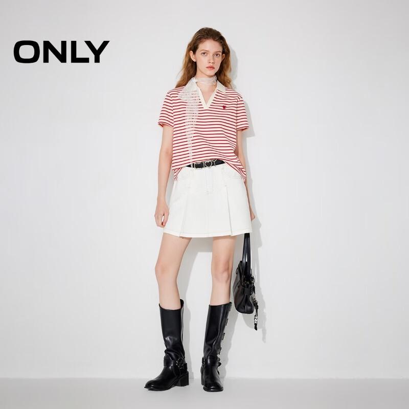 ONLY Women's Heart Embroidered Striped Lapel T-shirt