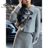 Autumn Winter High-end Casual Grey Dress Two-piece Suit Horn Button Chic Fashion Woolen Cloth Top Skirt Suit