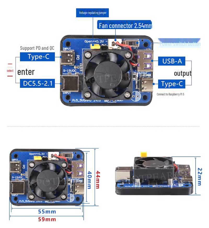 Raspberry Pi 5 Power Module, 5V 5A, 27W, Dual Input/Output, PD Induction, Wide Voltage, USB & DC for Jetson