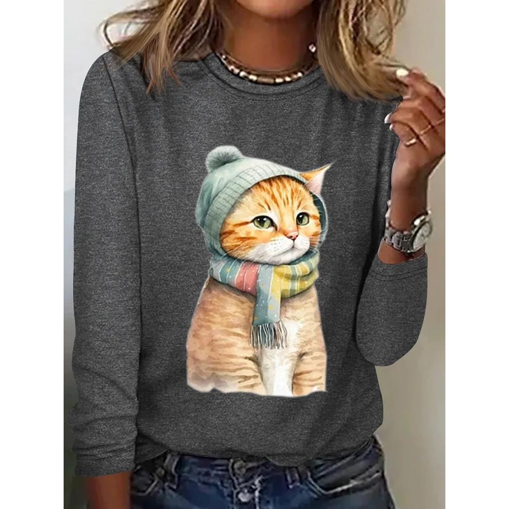 Rundhals 3D-bedrucktes Katzenmuster Top Modische Lässige Langarm Damen T-Shirts