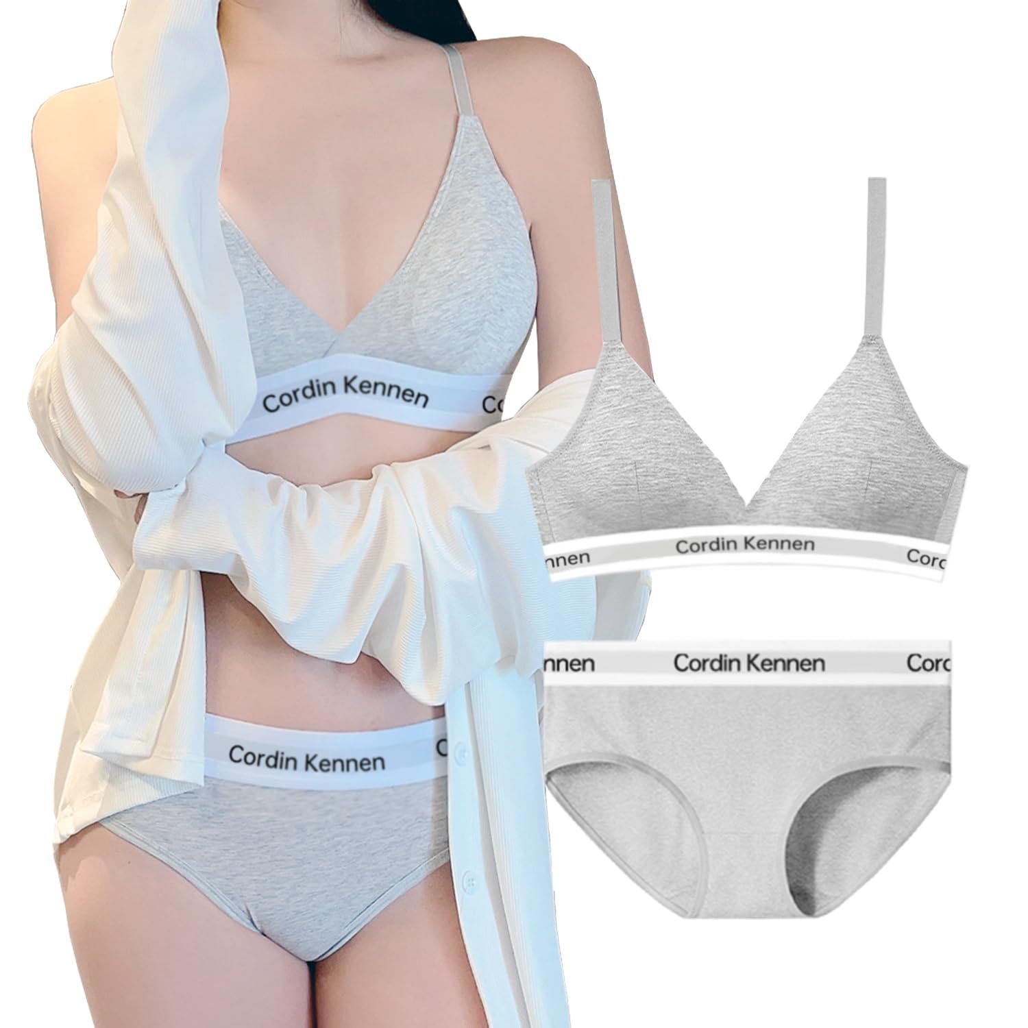 

SIERJIAN Беспроводной ночной спортивный суперэластичный женский комплект, хлопок, бюстгальтер, бюстгальтер, бюстгальтер, дышащий, серый