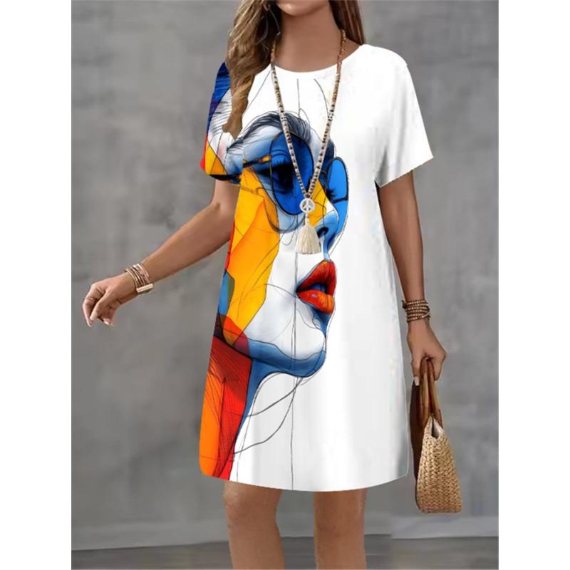 Women Elegant Print Casual Retro Mini Round Neck A-line Dress Temperament Dress Summer New Short Sleeved Dress Fashion New Dress