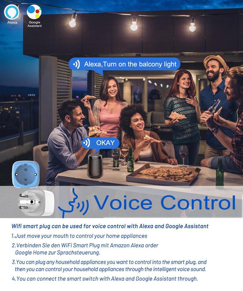 Smarte europäische Steckdose mit WLAN, App-Fernbedienung und Sprachsteuerung, 16A20-Zeitschaltuhr