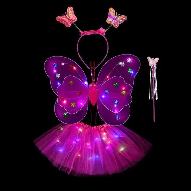 LED Children Costume Props Girls Skirt Flashing Lights Butterfly Skirt Suit Angel Luminous Wings Butterfly Wings Fancy Dress Set
