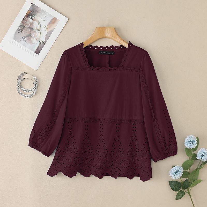 ZANZEA Women Square Collar Summer Hollow Embroidered Casual 3/4 Sleeve Blouse