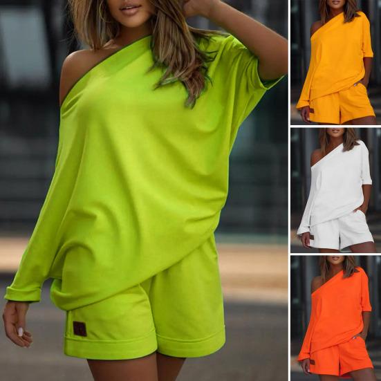 2 Pcs/Set Women Tracksuit Solid Color One-shoulder Short Pants Leisure Summer Top Set for Daily Wear