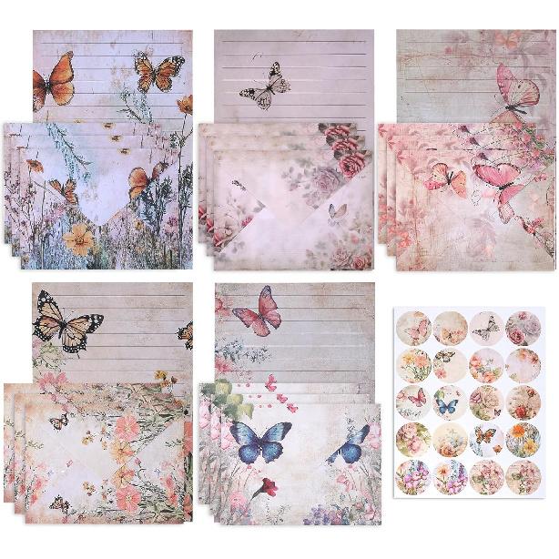 Colored Vintage Stationary Letter and Envelopes Set, Floral Butterfly Stationary Paper 30 Pcs Letter Papers 15 Pcs Colored Envelopes, 20 Round Dot