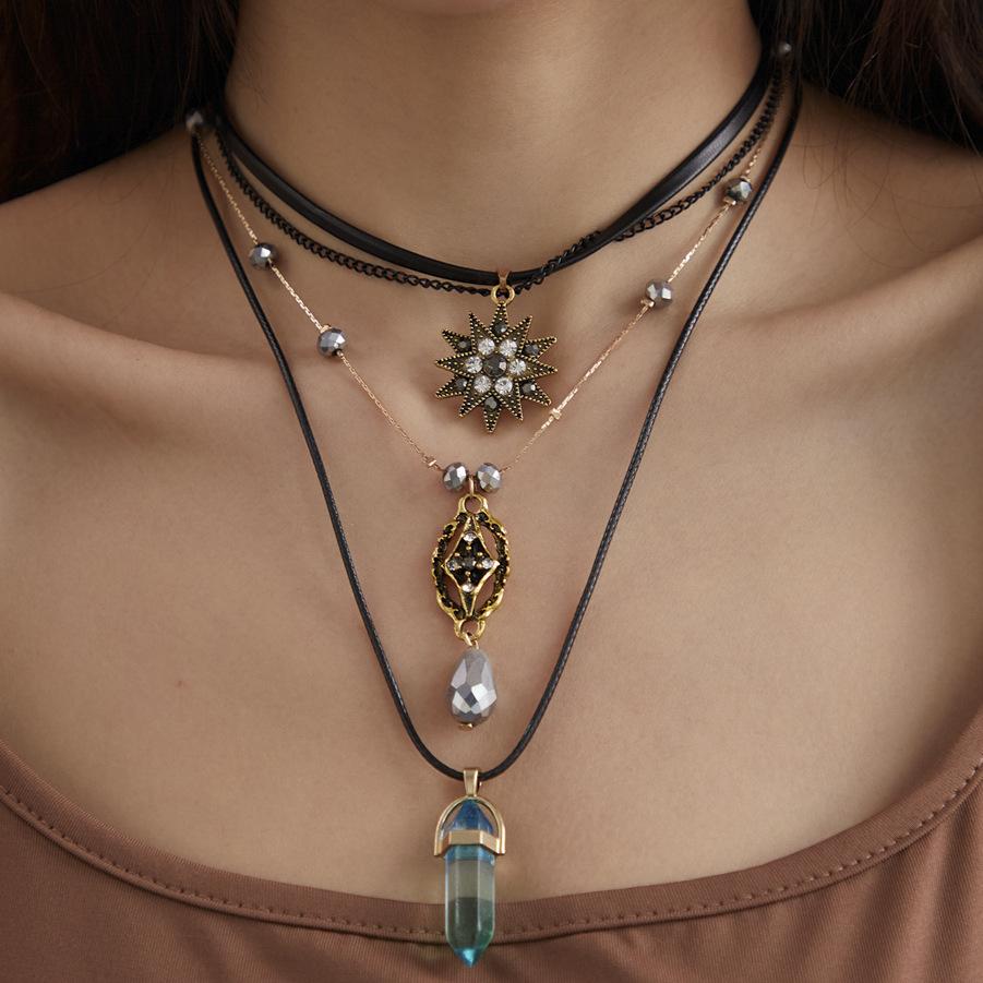 Retro Devil Blue Eyes Crystal Necklace Female, Ethnic Style Multi-Layer Stacked Necklace