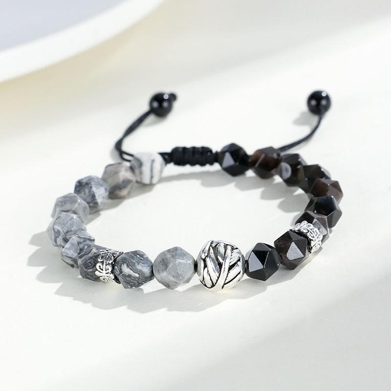 925 Silver Obsidian Bead Bracelet for Men and Women, Niche High-end Bracelet, Map Stone Bracelet