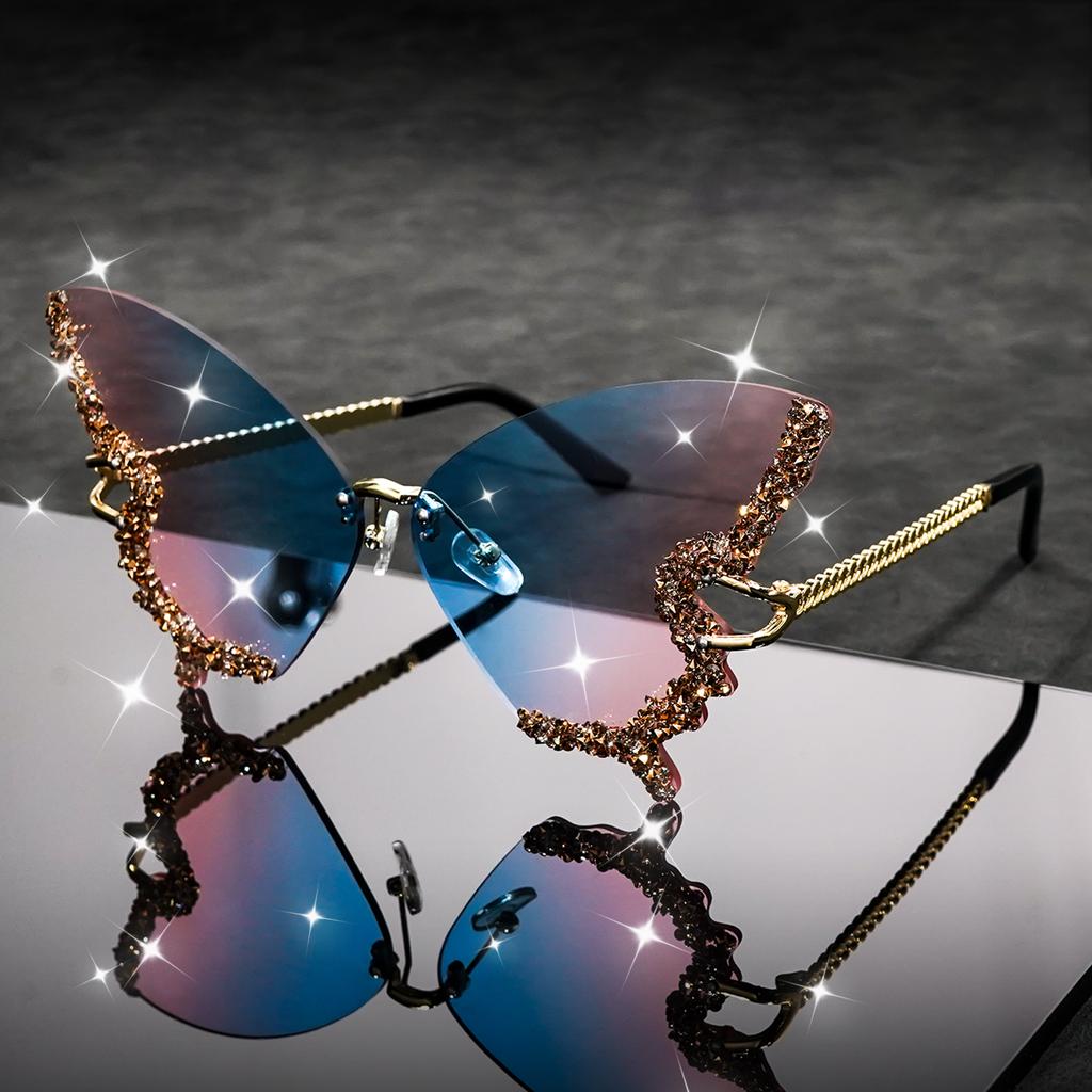 Butterfly Rimless Stylish Sunglasses for Women Men Bling Rhinestone Gradient Tint Decorative Eyeglasses for Costume Party