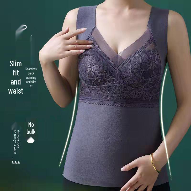 806 Autumn/Winter Women's Warm Vest: Thickened V-Neck, Wireless, Chest Pad, Seamless Lace Base Layer.