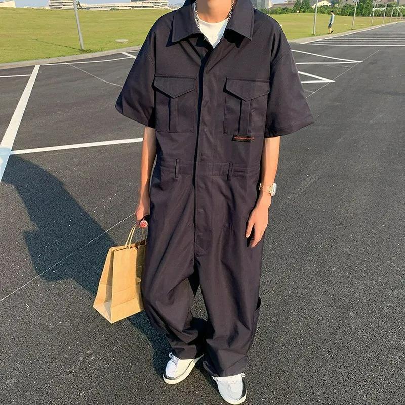 Street Overalls One-piece Men's Trendy Brand Hip-hop Short-sleeved Jumpsuit Suit Wide-leg Pants Straight-leg All-in-one Pants