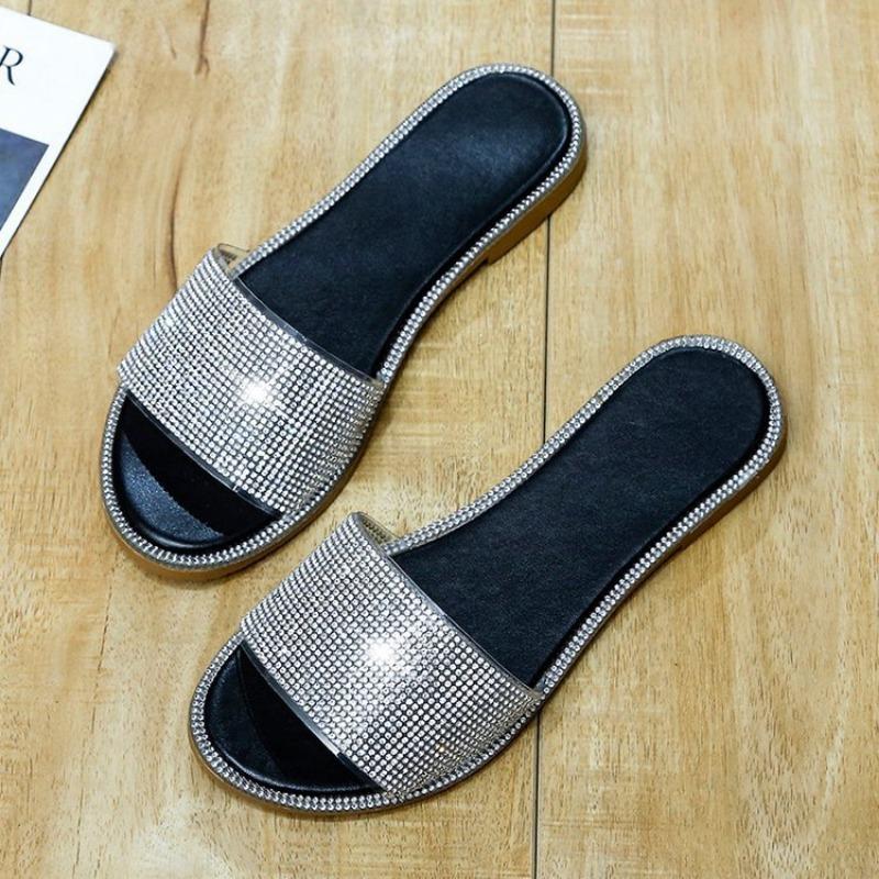 20 spring new flat-bottomed cool slippers women's open-toed rhinestone one-word women's shoes