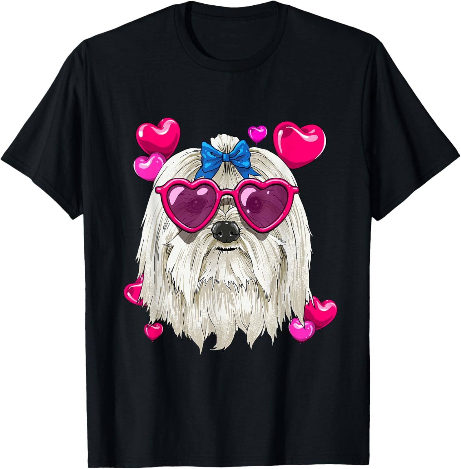 

Maltese Dog Lover Valentines Day Heart Sunglasses Graphic T-Shirt Casual Cotton Tee 4XL