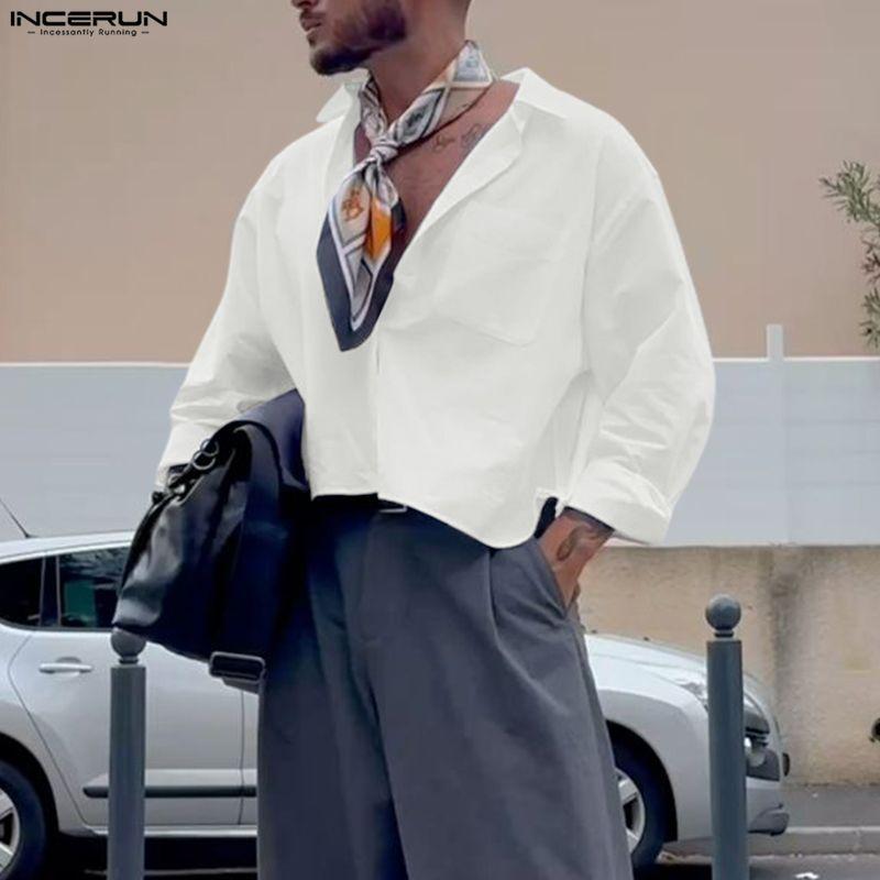 INCERUN Oversized Men Lapel Neck Buttons Up Casual Long Sleeve Crop Shirts