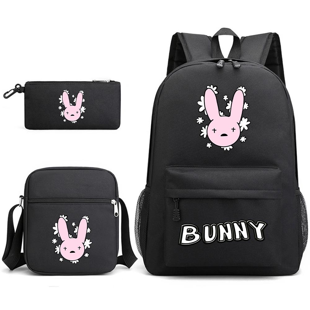 Popular Novelty Cool Bad Bunny Print 3pcs/Set Pupil School Bags Laptop Daypack Backpack Inclined Shoulder Bag Pencil Case