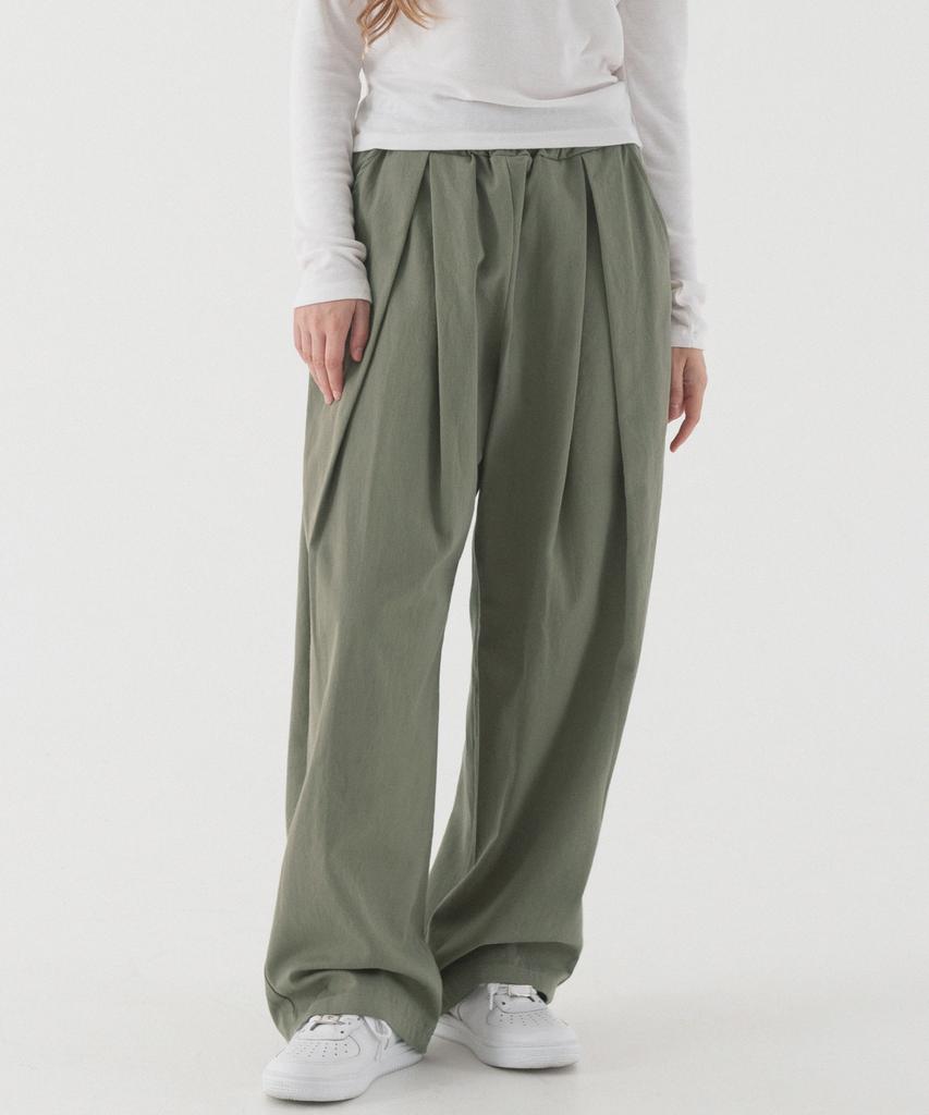 PIANER Pleated Wide Elastic Cotton Pants (Light Khaki)
