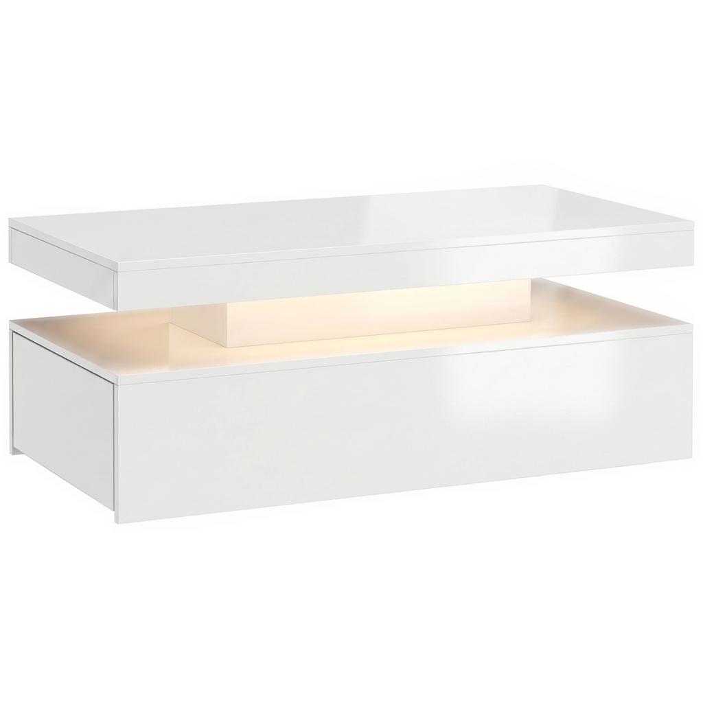LED Coffee Table with Storage, Modern 2-Level Living Room Table with 2 Drawers, High Gloss White
