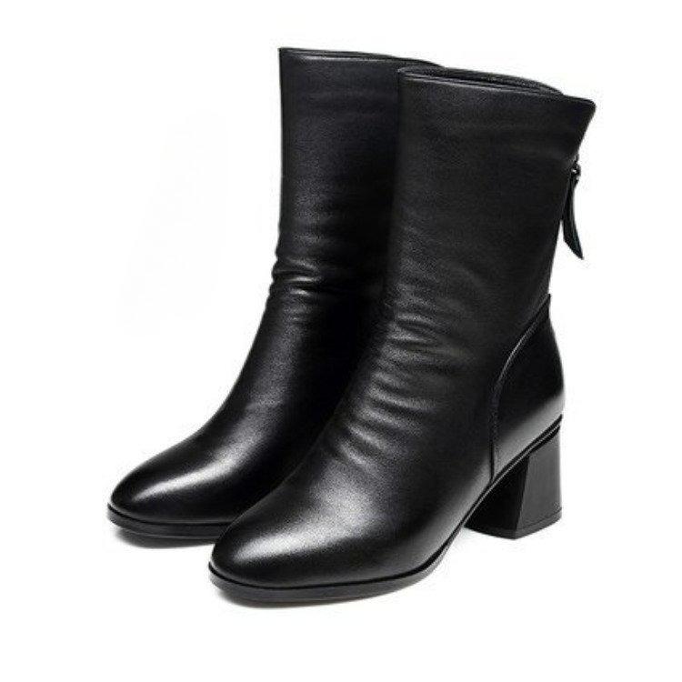 

Осенне-зимние женские кожаные ботинки на толстом каблуке с задней молнией, ботинки средней высоты голенища, черные с плюшевой подкладкой, в британском стиле, ботинки на высоком каблуке EU34/CN35