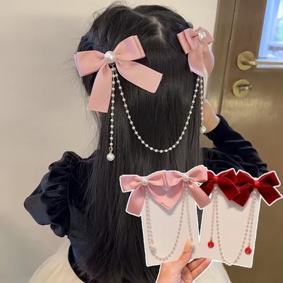 1PC Sweet Princess Style Pink Pearls Chain Bow Hair Clip Women Children's Cute Back Head Hairpins Hair Clips Girls Hair Accessories