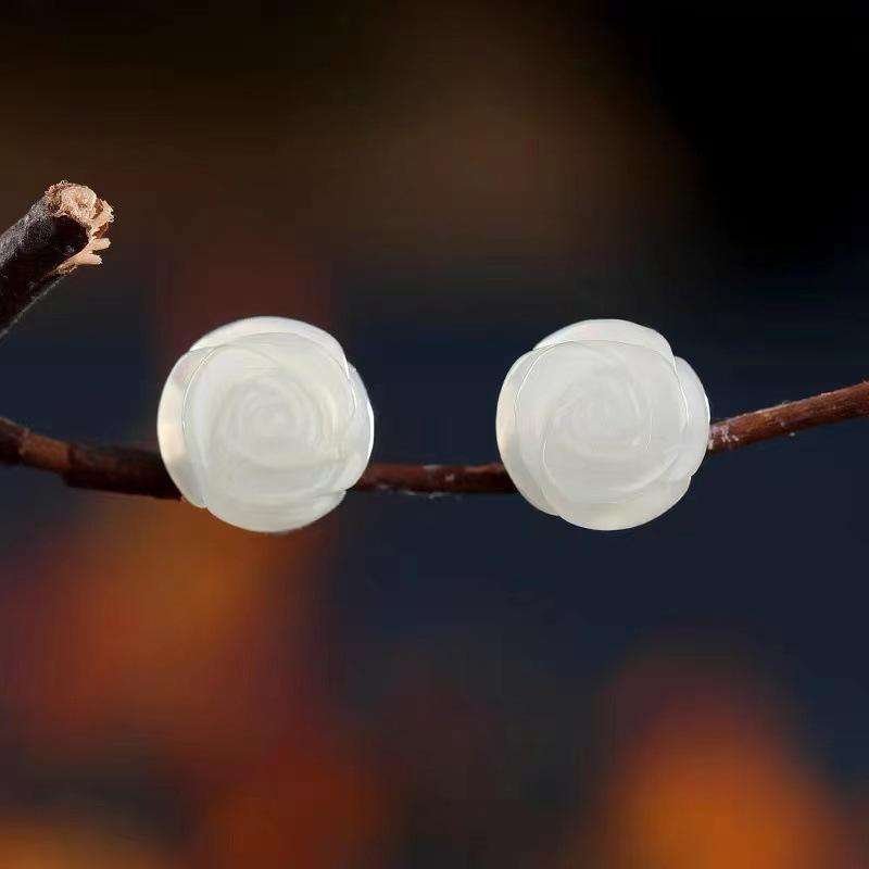 PANJBJ 925 Sterling Silver Rose Hotan Jade Earring for Women Girl Ethnic Style Versatile Temperament Jewelry Gift Dropshipping