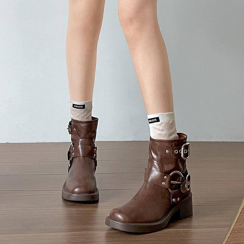 Vintage Women Ankle Boots British Style Belt Buckle Shoes Autumn Winter Short Booties  De Mujer