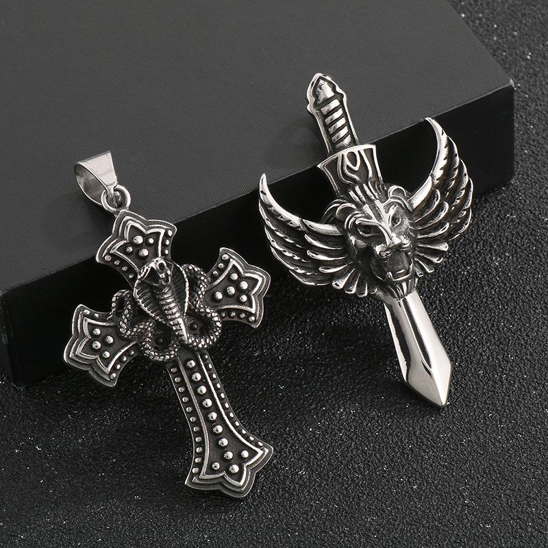 Flying Wings Pendant, Gothic Lion Head Rose Cross Wings Titanium Steel Men'S Pendant