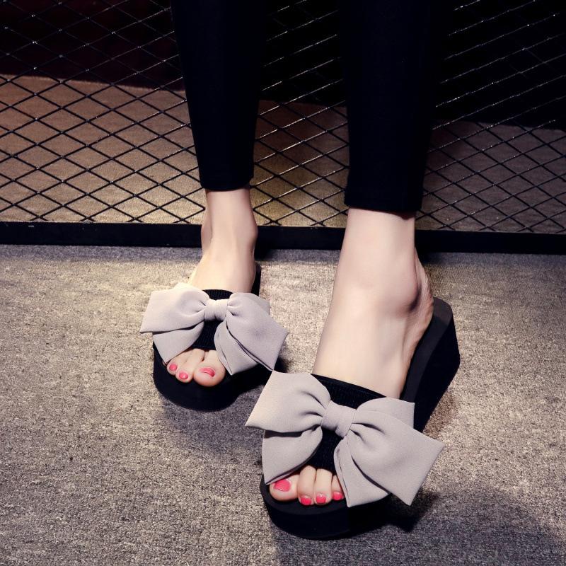 Bowknot Slippers Women Fashion Summer High Heels Thick Sole Anti Slip Slope Heel Outdoor Beach Cool Slippers Sandals Women
