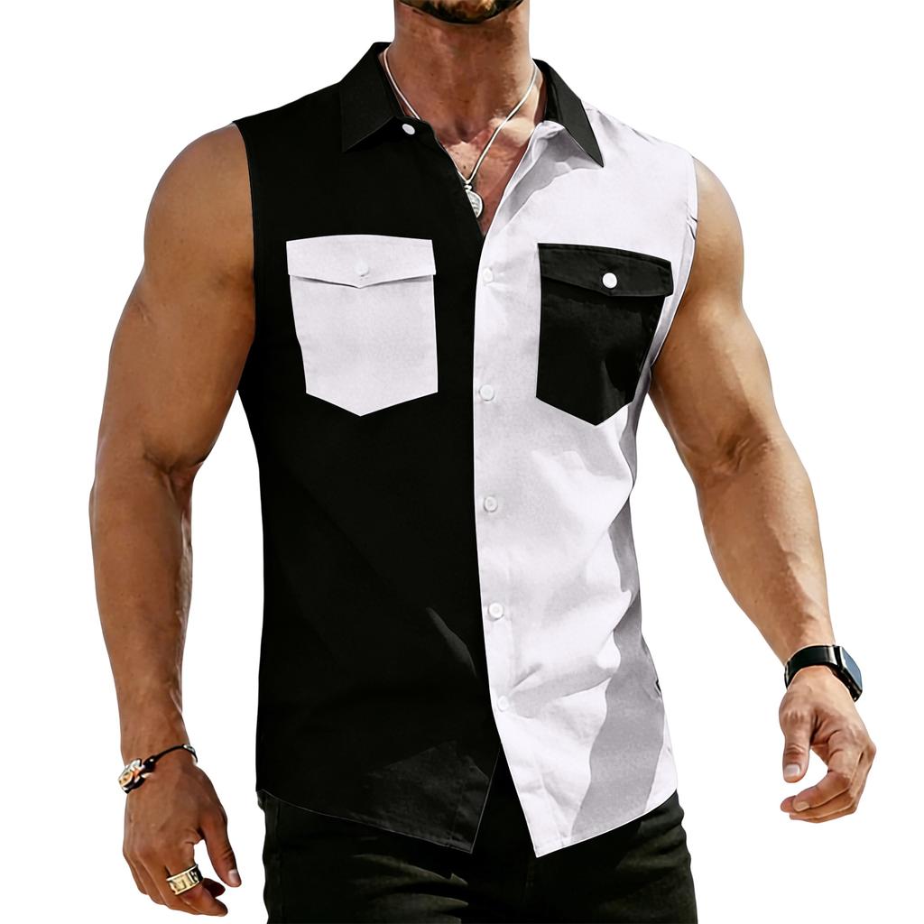 Men's Workwear Lapel Button-Down Vest Shirt - Lightweight Sleeveless Top