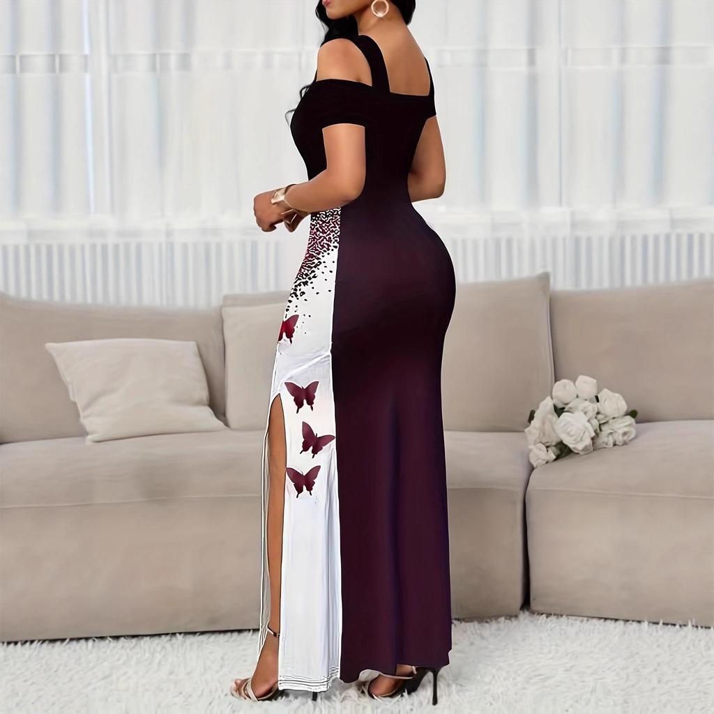 European & American Fashionable Butterfly Print Off-Shoulder Slit Long Dress for Women