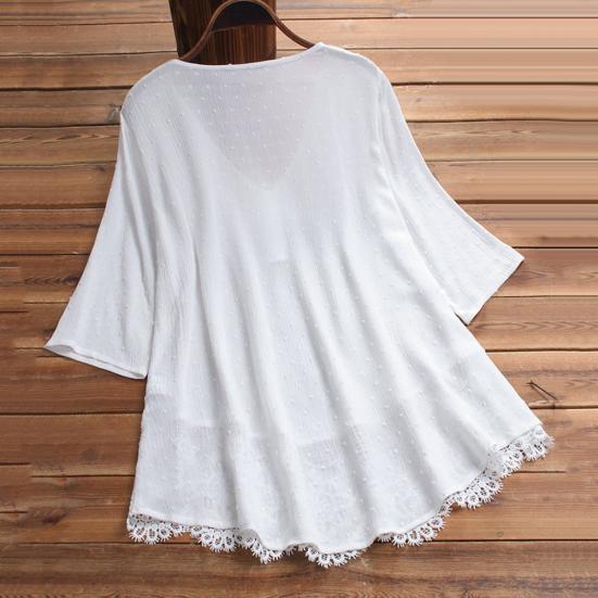 Damen Halbsleeve Nähte Ausgeschnitten Blumen Spitze Saum Knöpfe Dekoration Bluse