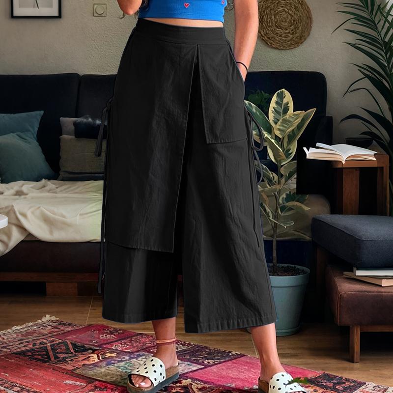 ZANZEA Womens Casual Elastic Waist Loose Layered Wide Leg Cropped Pants