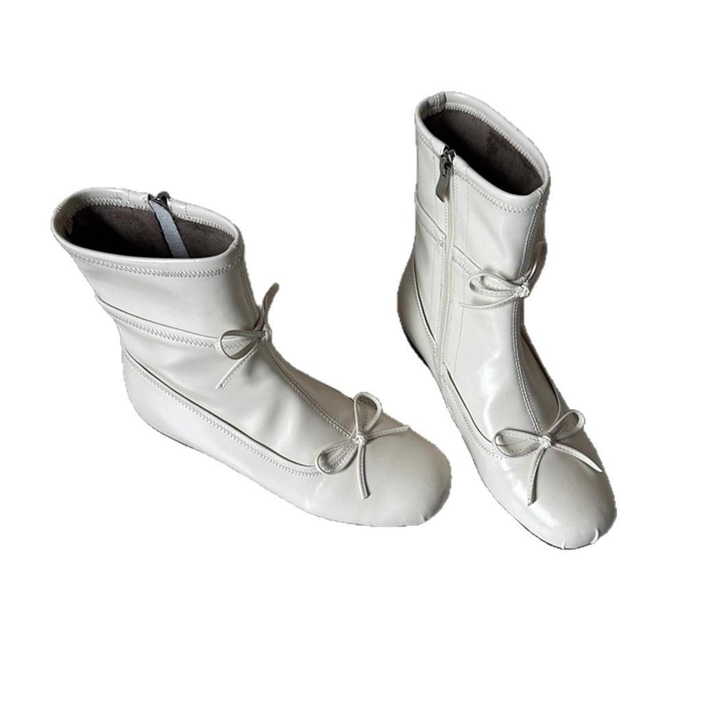 Lammfellversion~ Französische runde Zehen Schleife innen höhenerhöhende kurze Stiefel Damen elastische dünne Stiefel Reißverschluss hinten Temperament kleine nackte Stiefel