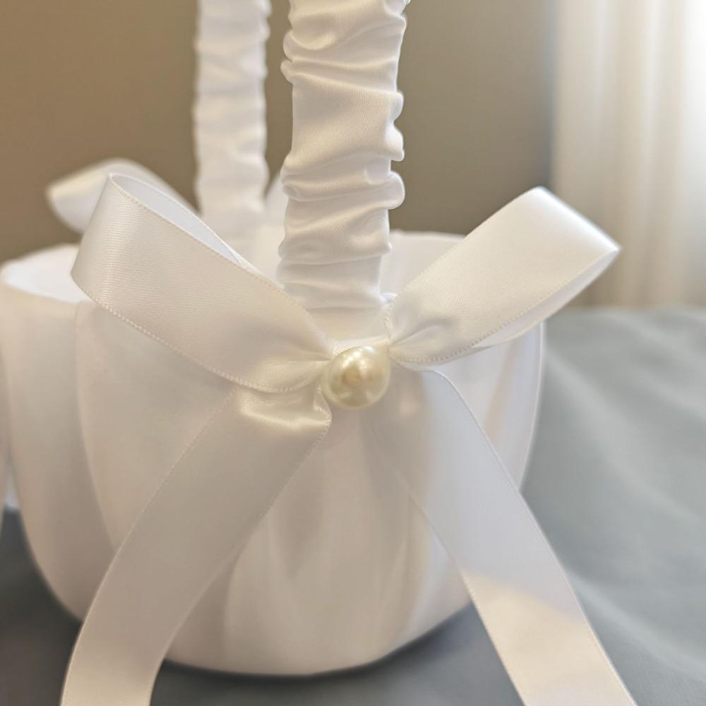 20 Cm White Flower Girls Basket Silk Kids Hand Held Wedding Basket Pearl Bow Wedding Remony Party Decorations
