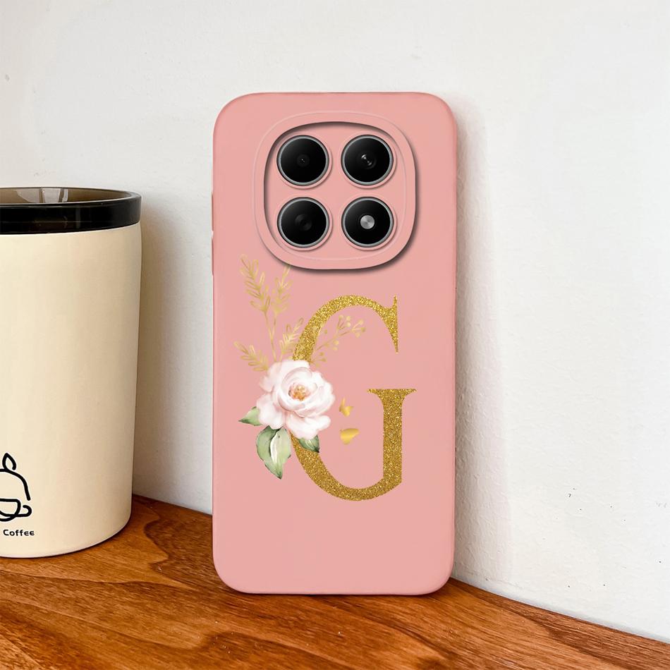 Floral Gold Letters Cover For Poco M8 Pro Phone Case Soft Smooth Liquid Silicone Anti Drop Protective High Quality Couple Bumper