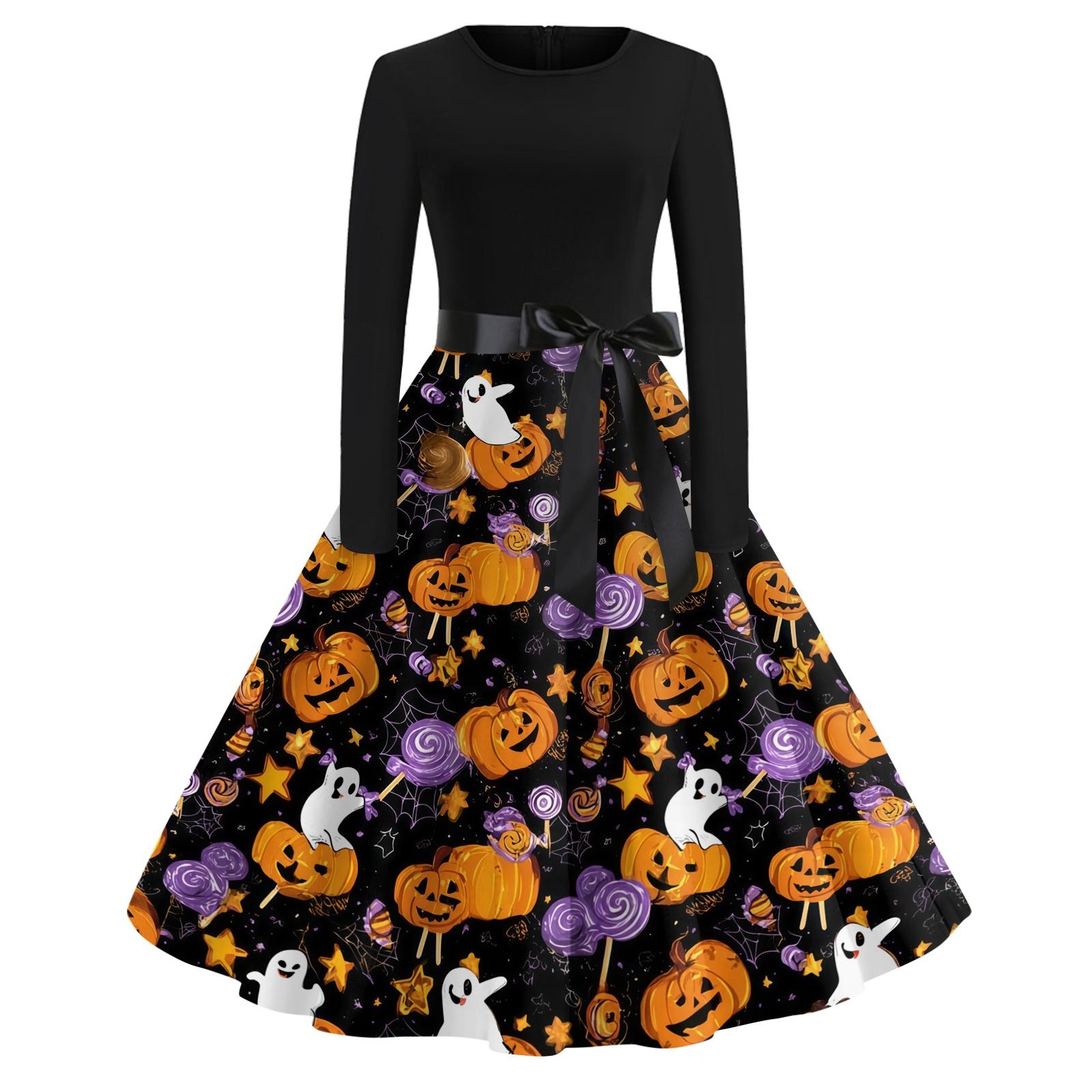 Women s Vintage Halloween Print Neck Dress, Casual Retro S