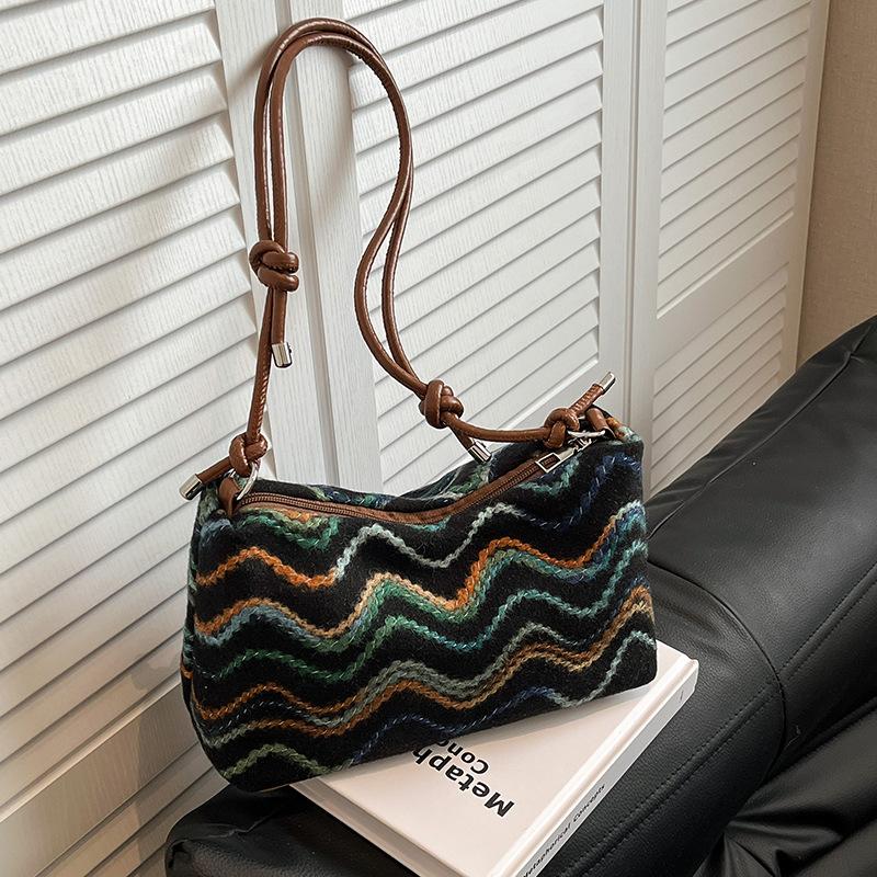 Ethnic Style Striped Crossbody Bag Slack Feeling Commuter Crossbody Bucket Bag Broadband Single Shoulder Knitted Armpit Bag Women